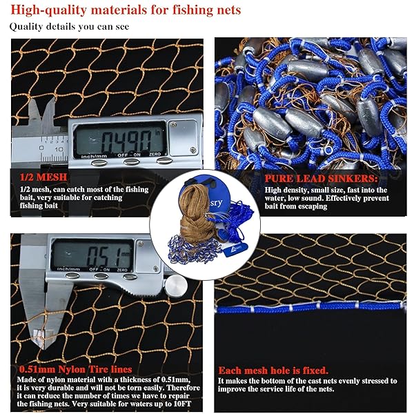 DRASRY 1/2 SALTWATER FISHING CAST NET FOR BAIT TRAP WITH HEAVY LEAD SINKERS FISH THROW NET. SIZE 3FT/4FT/5FT/6FT/7FT/8FT/9FT RADIUS FRESHWATER NETS (TIRE LINES CAST NET, 5FT(150CM) RADIUS)