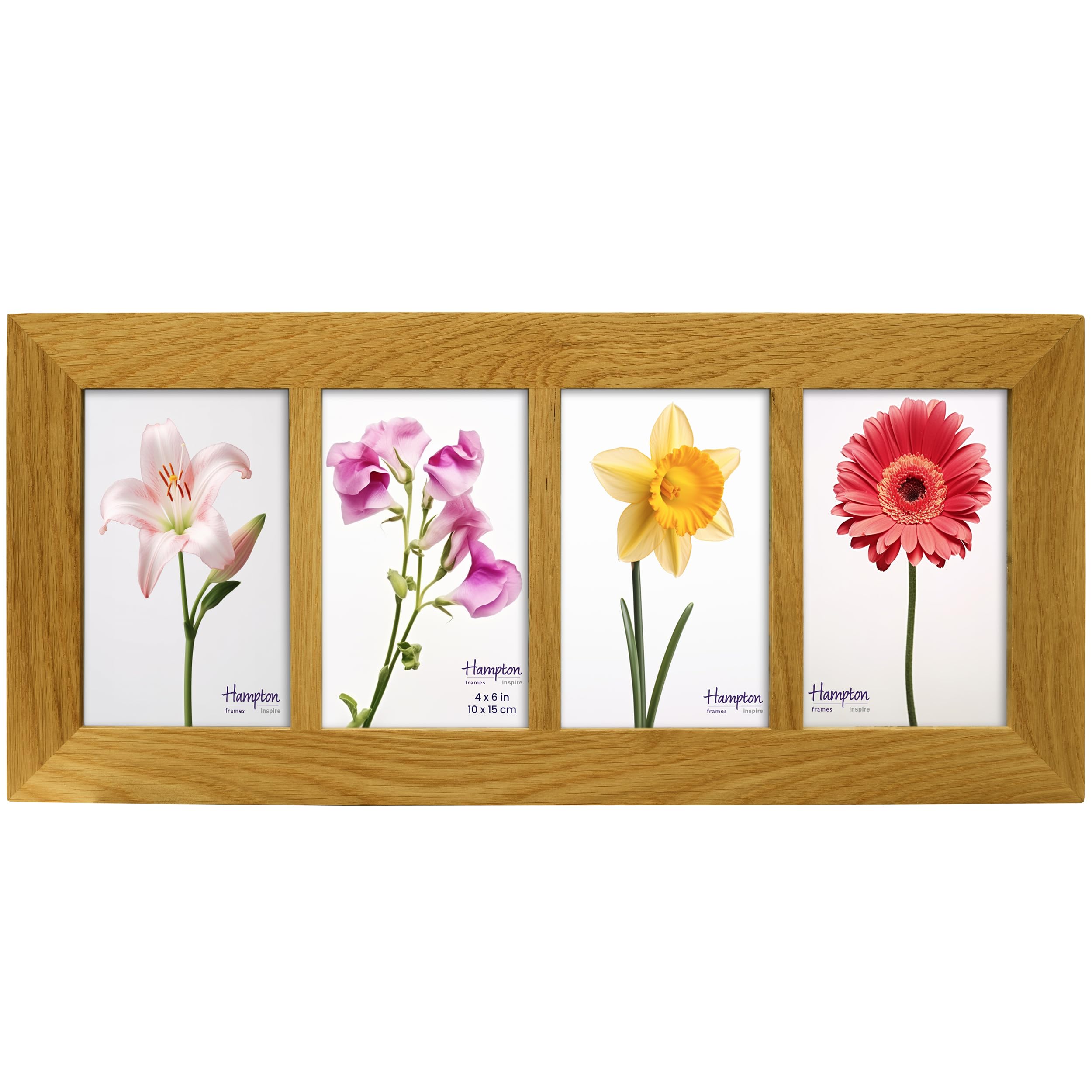inspire by Hampton Frames | OAKRIDGE Multi Aperture Photo Frame | 46x20.8cm, Natural Oak, Polished Wood, Acrylic Front | Wall Mount | Display Four 4x6 Photos, Home Décor