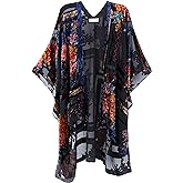 WeHello Women's Burnout Velvet Kimono Long Cardigan Cover Up Casual Outfit