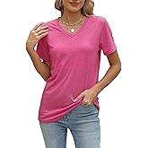 BYIPY Womens V-Neck T Shirts Summer Short Sleeve Tops Casual Solid Color Tee Soft Basics Tshirt