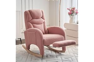 FOXHUNTER Teddy Rocking Chair Nursery, Cozy Nursing Chair for Breastfeeding with Foot Rest, Baby Rocker Glider Chair with Side Pocket for Living Room Bedroom, Pink
