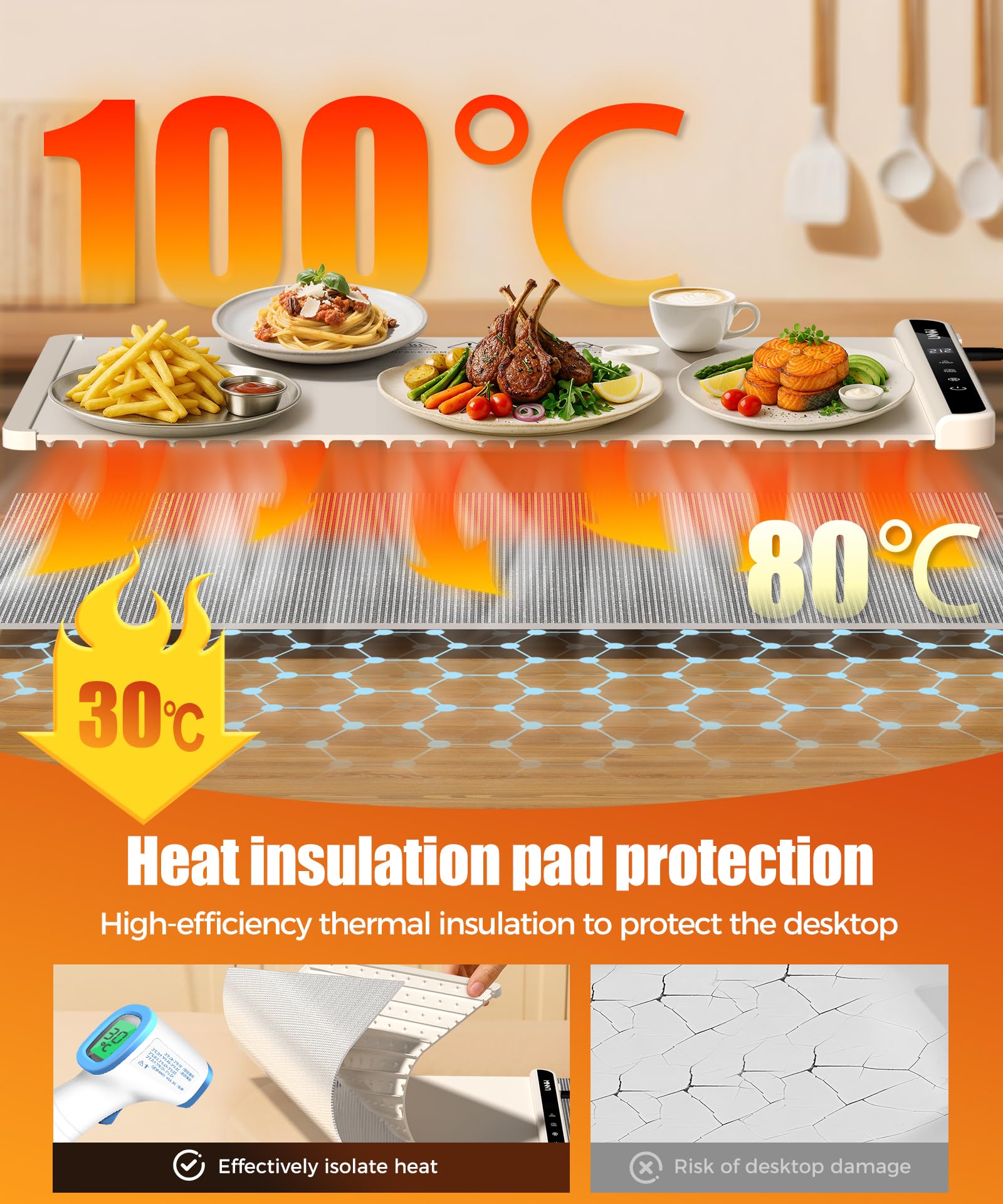 Condition photo showing New/Like New for food warming mat with heat-resistant pad, 26x15 inch, 6 temperature & 6 timer settings, child lock safety,food warmer chafing dishes for buffet,gatherings,parties,everyday use