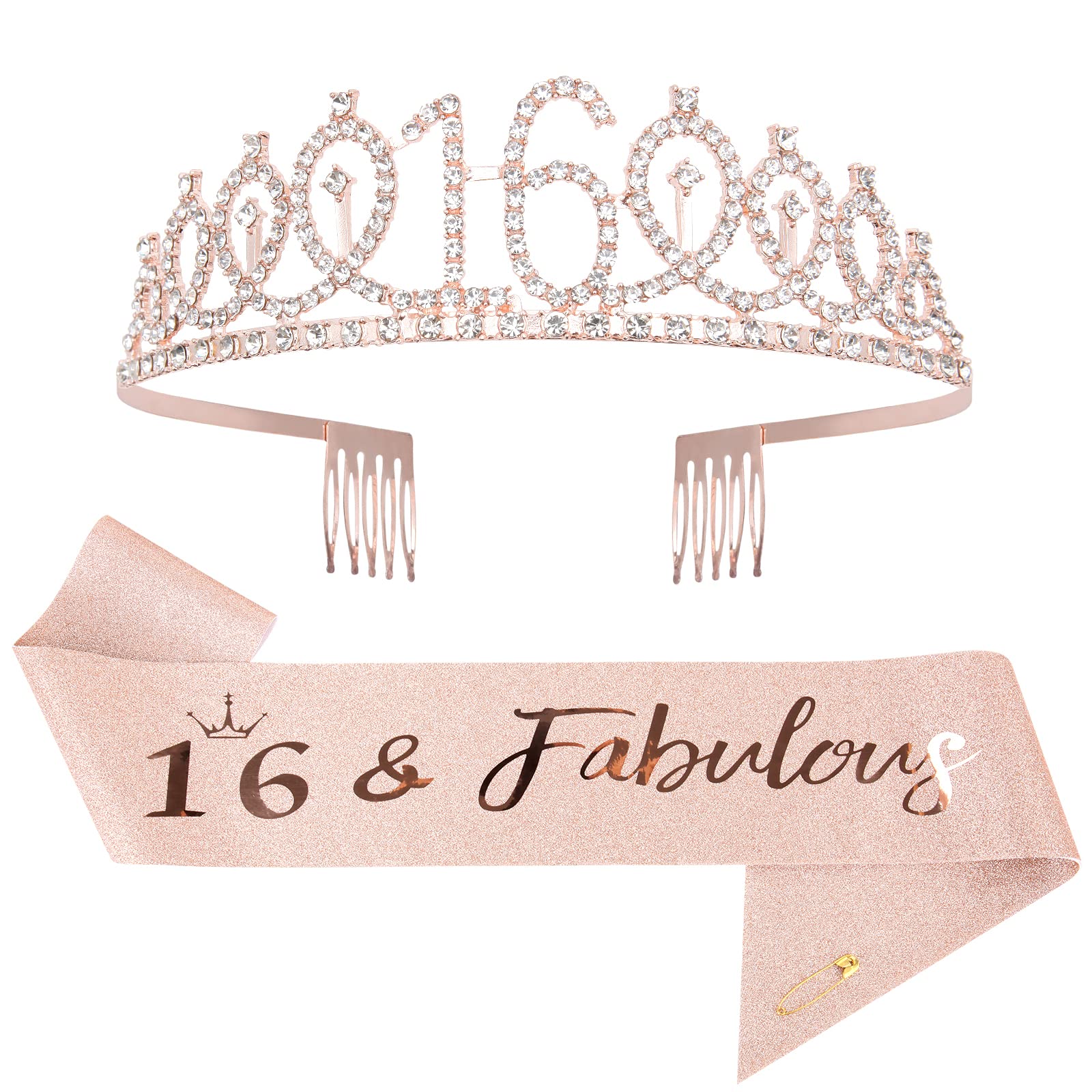 Mikccer Rose Gold 16th Birthday Crown and Sash - Rhinestone Tiara Headband for Girls Party Decoration and Accessories