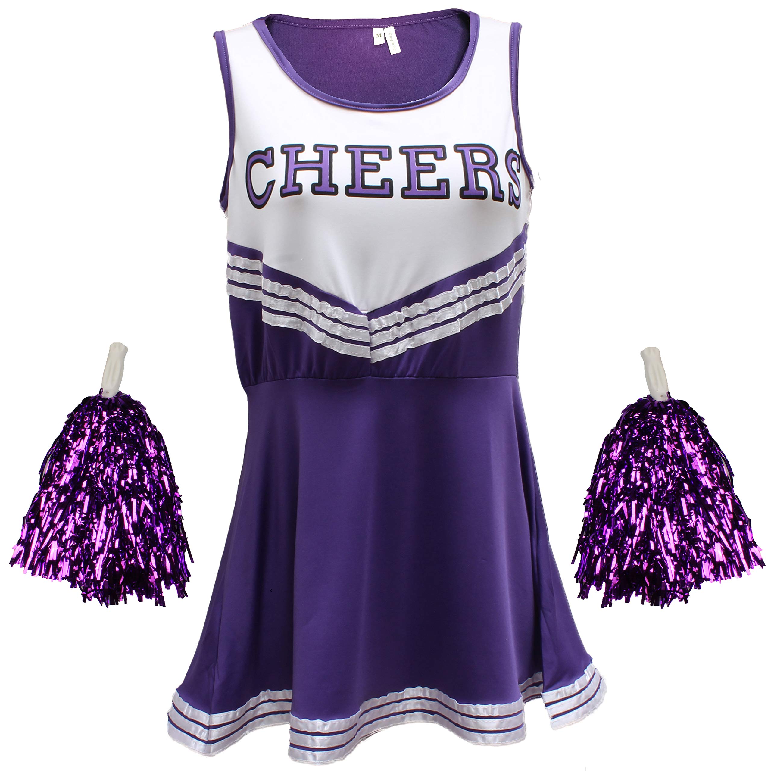 Cherry-on-Top Cheerleader Fancy Dress Outfit Uniform High School Costume With Pom Poms Purple Cheerleader, Small