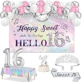 Sweet 16 Party Decorations, Silver Sweet 16 Sash and Tiara, 16th Birthday Banner, Iridescence Tablecloth, Sweert Sixteen Cake Topper, Candles, 16 Number Balloons and Latex Balloons Arch