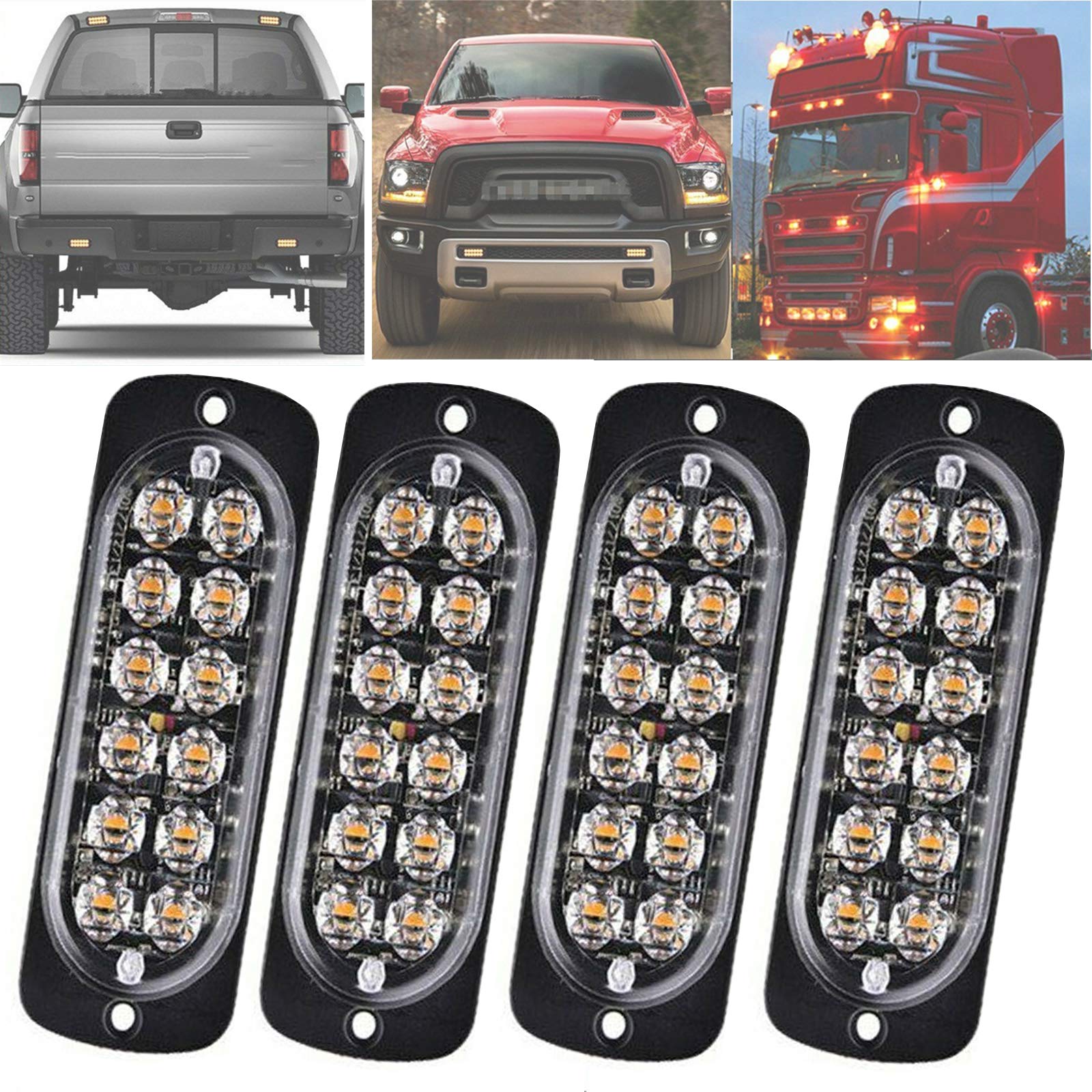 ConBlom 4PCS 12LEDs Emergency Strobe Lights, Amber Hazard Beacon Warning Signal Lights, Flashing Work Light Bar for Car Vehicle Truck Trailer Caravan Van