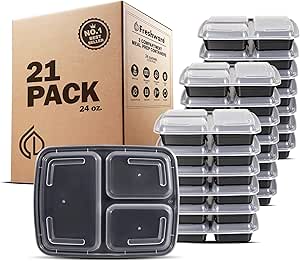 Freshware Meal Prep Containers [21 Pack] 3 Compartment with Lids, Food Storage Containers, Bento Box, Stackable, Microwave/Dishwasher/Freezer Safe (24 oz)