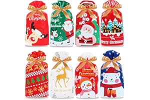 Yocharm 48 Pack Christmas Gift Bags Xmas Drawstring Candy Bags with Ribbon Plastic Treat Sweet Bags for Christmas Party Favor