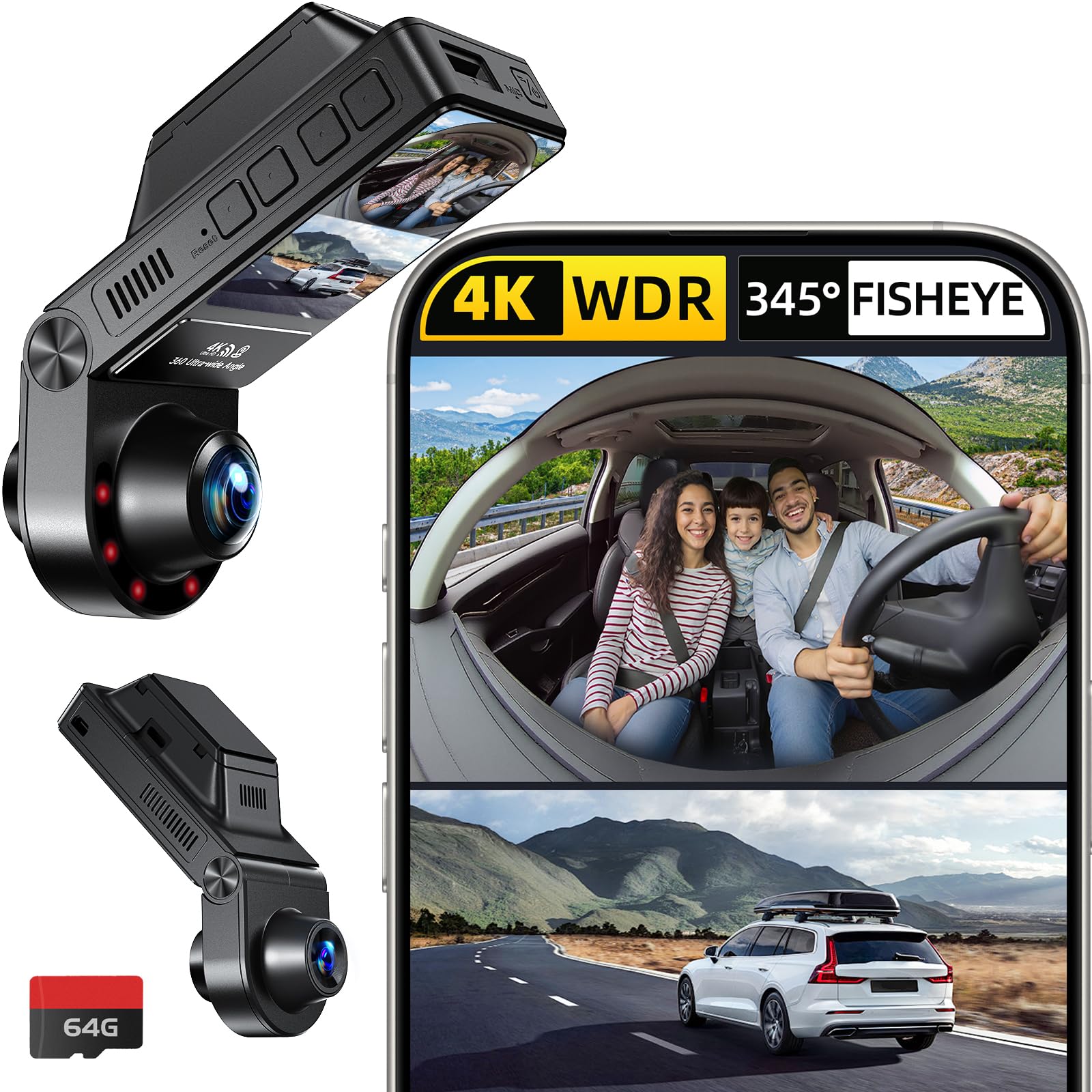 Photo 1 of 4K Dash Cam Front and Inside, 360 Camera for Car 2-Channel Dashcam 160°+185° Ultra Wide Angle, 4K/2.5K WDR, IR Night Vision, WiFi & APP Control, GPS, G-Sensor, 64GB Card, GT820 Black