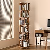 6 Tier Solid Wood Rotating Bookshelf on Wheels, 360&deg; Spinning Book Shelf Tower, Round Revolving Bookcase Organizer, Rolling Bookshelves for Small Spaces, Corner, Bedroom, Kids Room, Office &mdash; Walnut