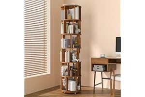 IUNVR 6 Tier Solid Wood Rotating Bookshelf on Wheels, 360° Spinning Book Shelf Tower, Round Revolving Bookcase Organizer, Rolling Bookshelves for Small Spaces, Corner, Bedroom, Kids Room, Office — Walnut