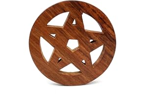5MOONSUN5's Pentacle Hand Carved Wooden Round Altar Paten for Offerings, Spells, Ritual, Altar Tile, Sacred Space, Decoration, Altar, Wicca, Witchcraft 4 inch