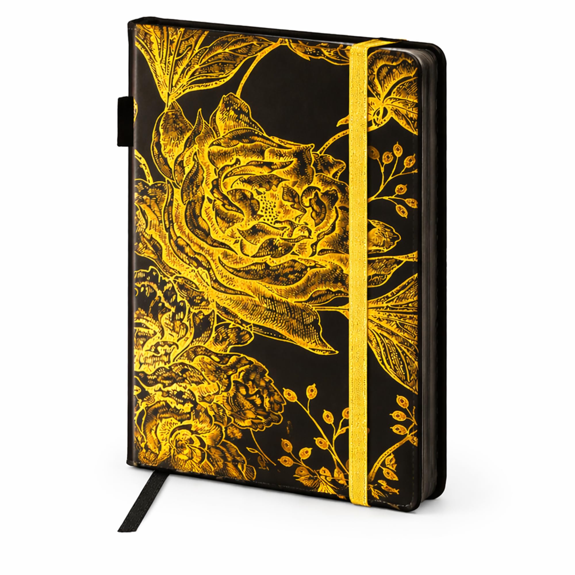 EJRange A5 Lined Notebook, Hardback Journal Notepad, Gold Rose Design, 192 Pages 100gsm Thick Paper, PU Leather Wipe Clean Cover, Pen Loop, Pocket, Ribbon Bookmark, Sparkly Gold Elastic (Black)
