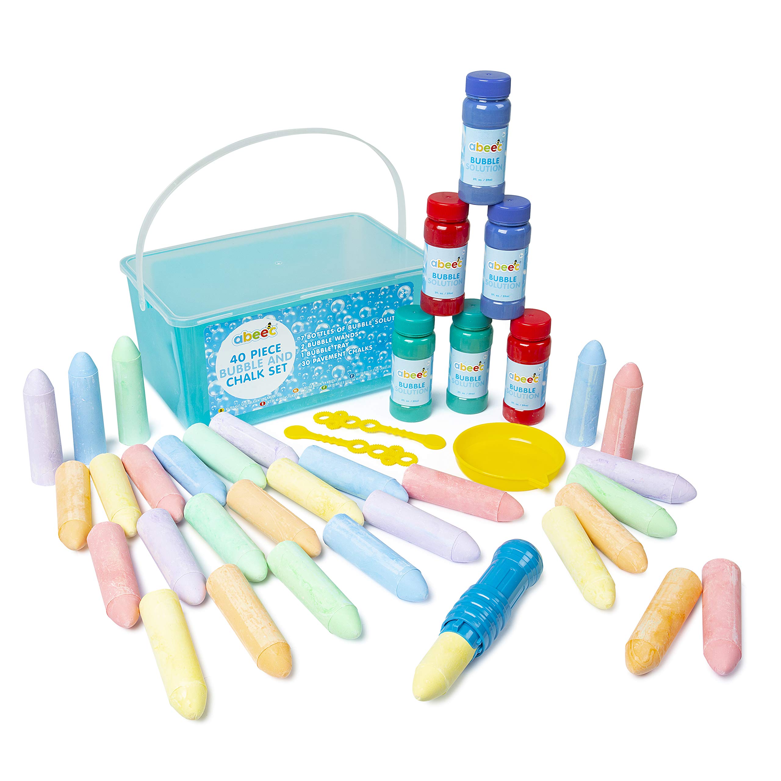 abeec 40 Piece Bubble and Chalk Set Including: Jumbo Chalk, Bubble Solution, Bubble Wands - Outdoor Toys For Kids - Big Chalk For Kids Outside & Bubbles For Kids Party Bags - Messy Play For Toddlers