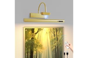 Bridika Picture Light Battery Operated, 13.8in Picture Lights for Wall, 3 Colors & Brightness Dimmable, Rechargeable Art Light for Paintings Photo Dartboard Gallery Bedroom Bathroom Gold