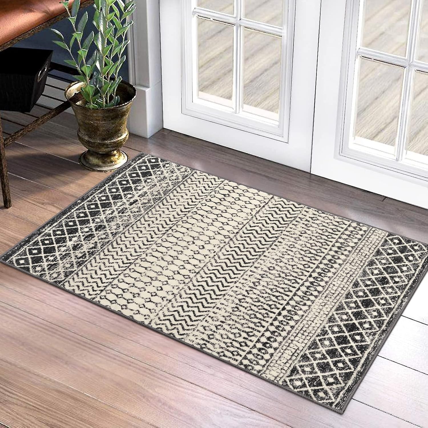 Rugs, Pads & Protectors - Nailttos Moroccan Area Rug, 2x3 Black Distressed Entryway Rug Non-Slip Small Rug, Soft Low-Pile Washable Indoor Door Mat Floor Carpet for Entrance Bedroom Kitchen Bathroom