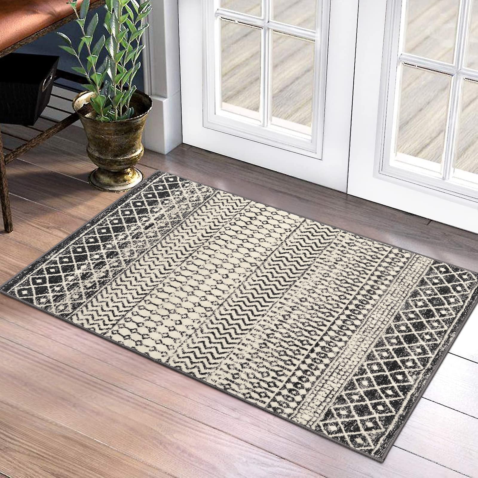 Photo 1 of Nailttos Moroccan Area Rug, 2x3 Black Distressed Entryway Rug Non-Slip Small Rug, Soft Low-Pile Washable Indoor Door Mat Floor Carpet for Entrance Bedroom Kitchen Bathroom