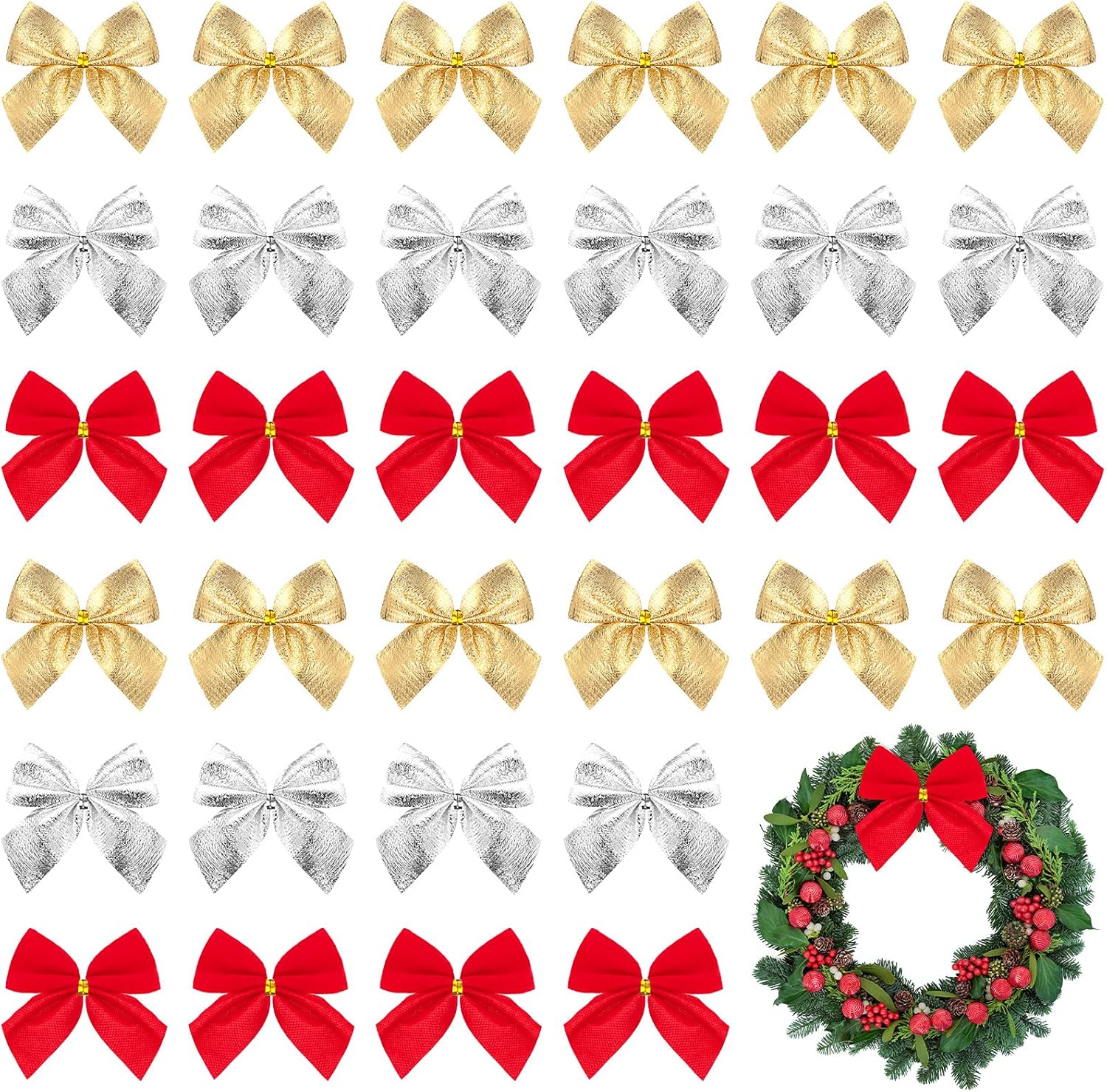 Bows & Ribbons - 36 Pieces Christmas Mini Bow Tie Xmas Gold Silver Red Wreath Bow Holiday Craft Tiny Christmas Bows for Christmas Tree Wreath Wedding Family Hanging Decor