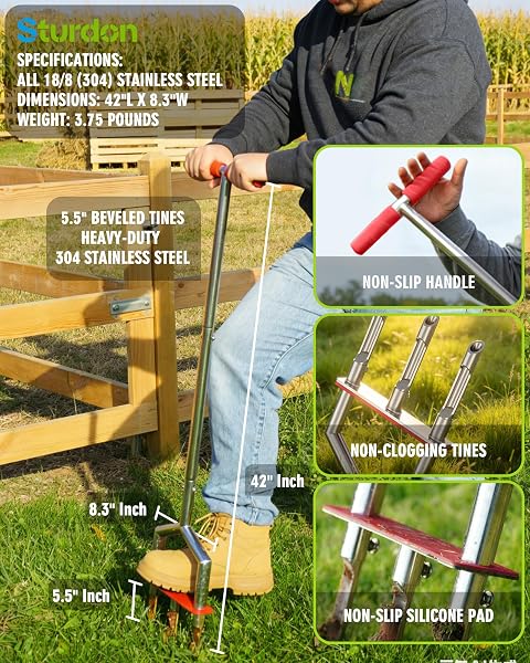 MANUAL LAWN AERATOR – 42 INCH, 304 STAINLESS STEEL AERATOR LAWN TOOL, EASY TO INSTALL, RUST RESISTANT, CORE AERATOR FOR YARD&GRASS COMPACTED SOIL, 3 DETACHABLE HOLLOW TINES, NON SLIP FOOT PAD