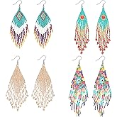 Tuanse 4 Pairs Long Beaded Tassel Earrings Colorful Handmade Seed Bead Statement Fringe Drop Dangle Earrings Boho Jewelry for Women Gifts in 4 Styles