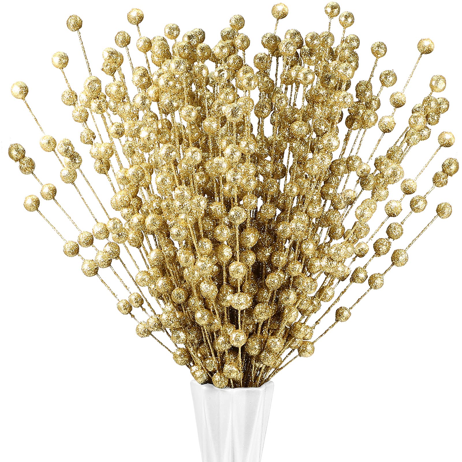 200 Pieces Christmas Berries Artificial Stems Christmas Tree Decorations Fake Christmas Picks for Home Glitter Sticks DIY Wreath Crafts Fireplace Holiday Christmas Decor 13.8 Inches (Gold)