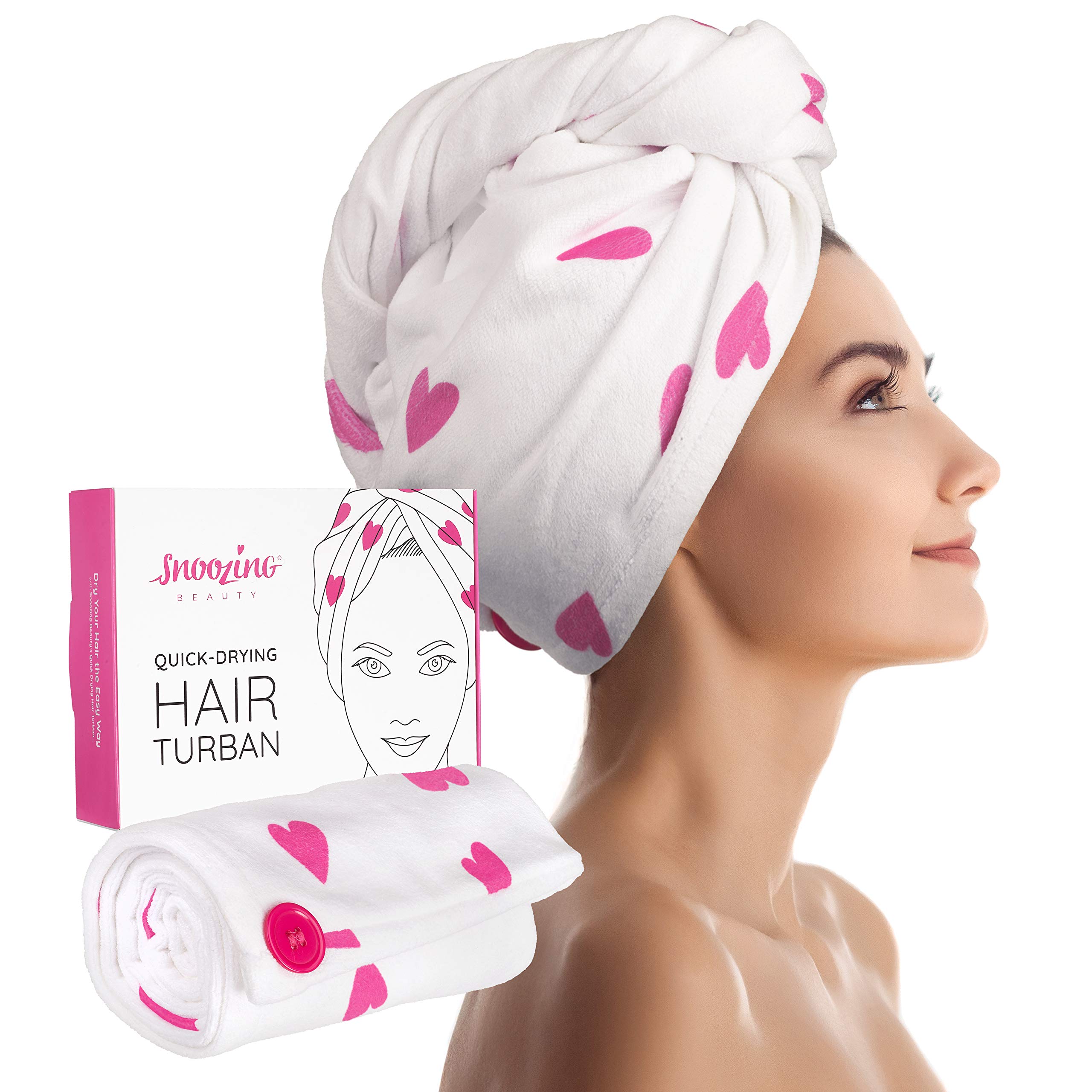 Snoozing Beauty - Quick Dry Hair Turban Towel | Luxury Super Absorbent Rapid Drying Hair Towel Wrap | Unique Heart Design Microfiber Hair Towel for Women or Girls | 64 x 27 cm