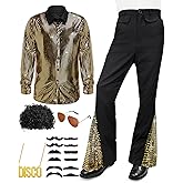 Mepase 6 Pcs Mens 70s Disco Outfits Retro New Year Eve Couples Halloween 80s Costume with Bell Bottom Pants