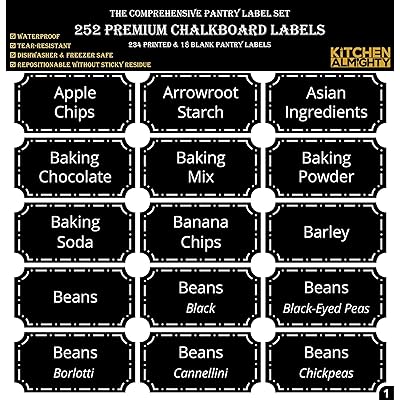252 Preprinted 3&rdquo; X 1.5&rdquo; Chalkboard Pantry Labels Set w/Extra Write-on Stickers for Jars, Bottles, Containers &amp; Canisters - Include an Exclusive Numbered Reference sheet - Waterproof &amp; Tear-Resistant