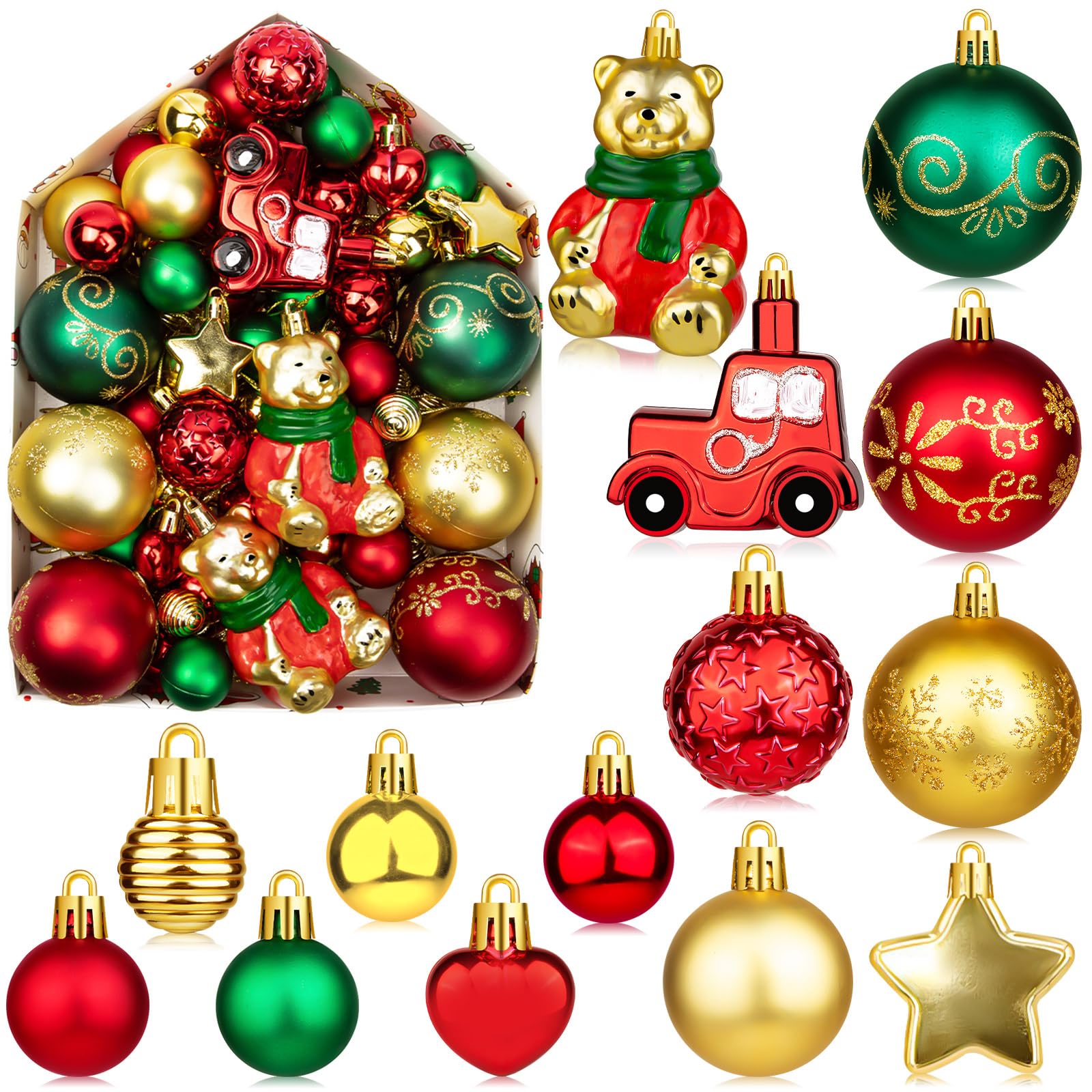 Photo 1 of 72Pcs Christmas Tree Ornaments Balls, Shatterproof Christmas Balls with Bears, Lights, Stars for Tree Home Office Decor Present for Party Wedding