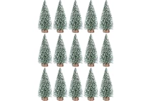 Didiseaon Xmas Tree Miniature 15Pcs Mini Christmas Trees Glitter Sisal Tree Bottle Brush Trees Artificial Pine Tree Ornaments with Wood Bases for Scene Party Decor 10CM Mini Glitter Tree