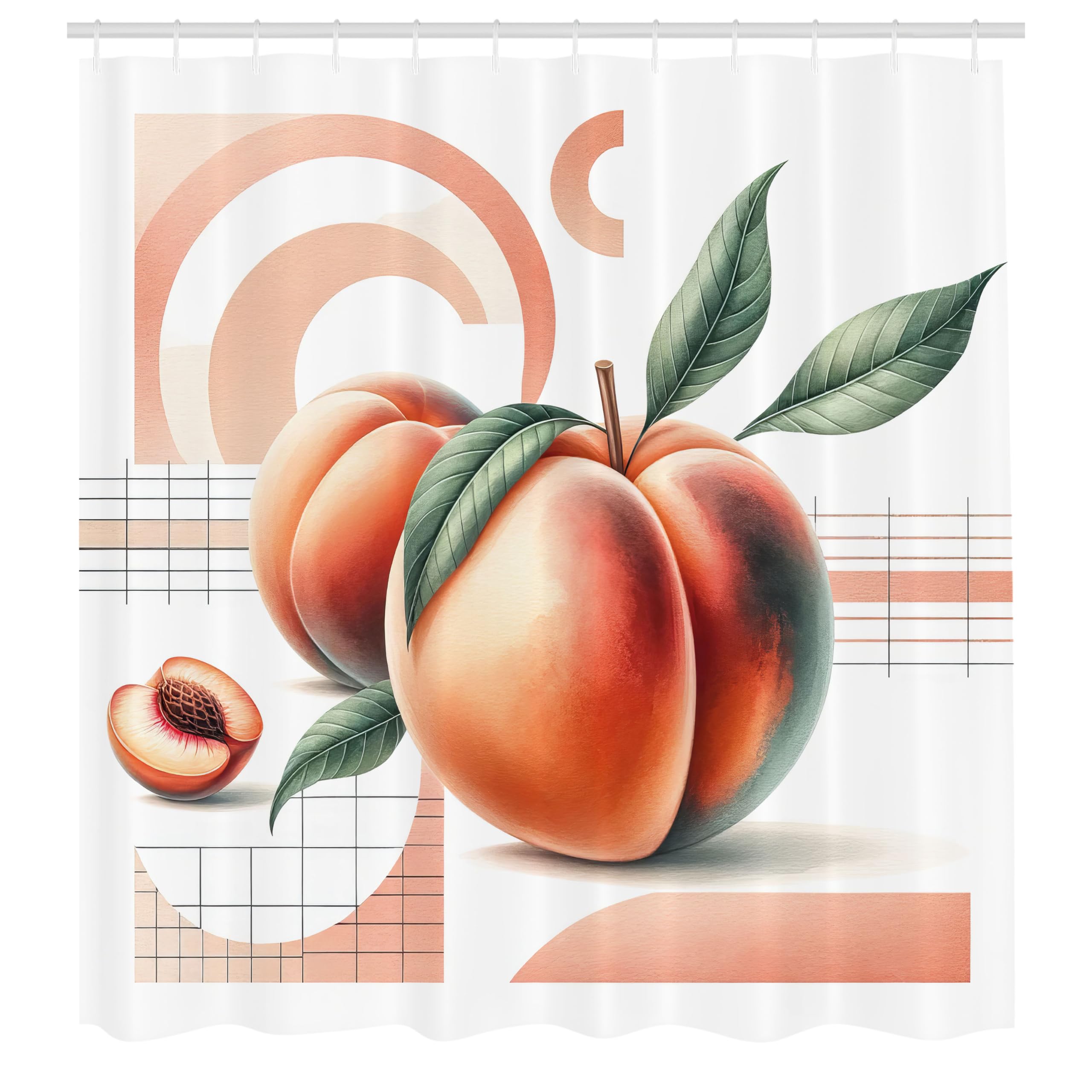 ABAKUHAUS Peach Shower Curtain, Fruits on Simplistic Shapes, Cloth Fabric Bathroom Decor Set with Hooks, 175 x 200 cm, Salmon White Reseda Green