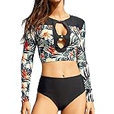 FEOYA Two Piece Bathing Suit for Women Long Sleeve Crop Top with Swim Bottom Lace Up Rash Guard Swimsuit S-XL