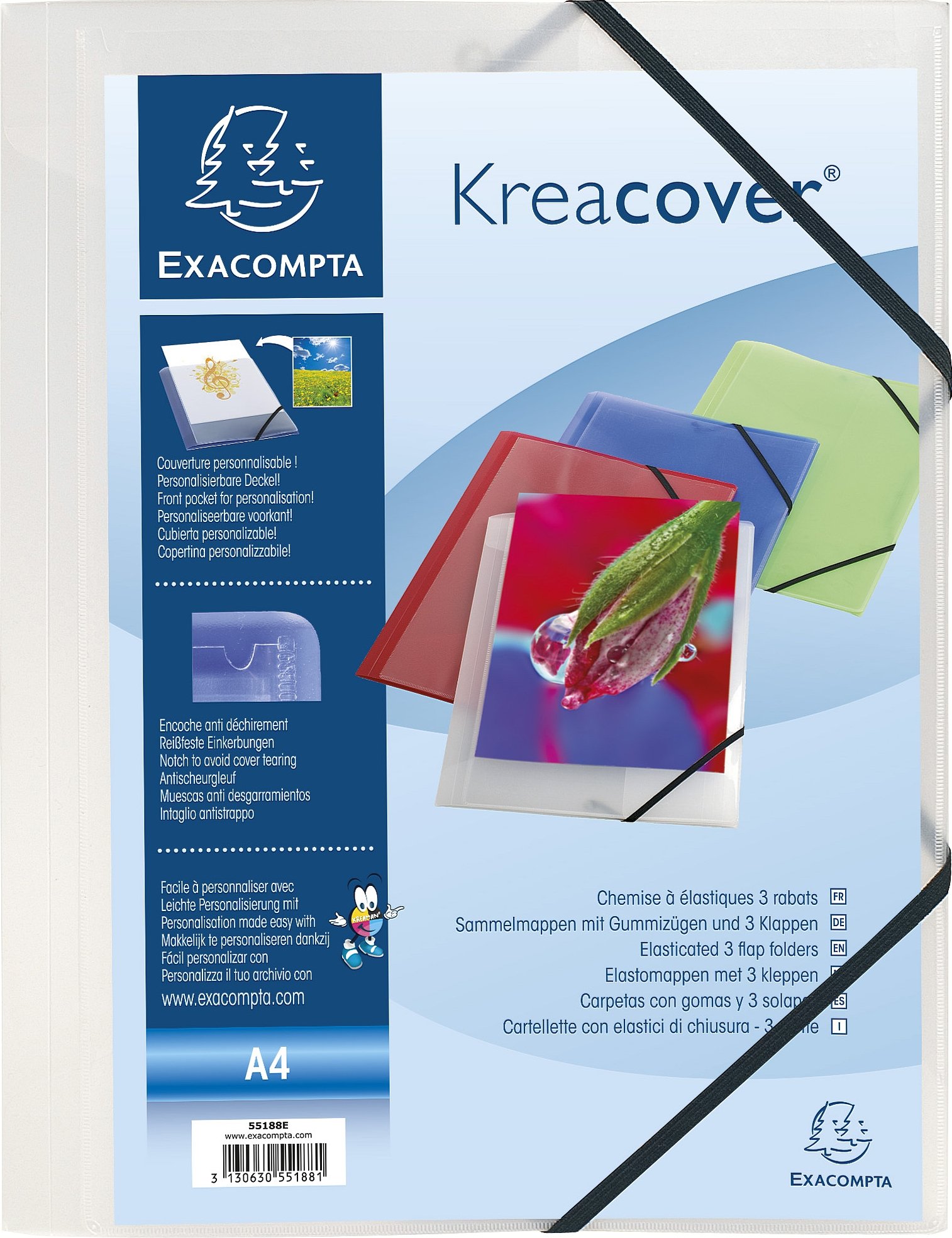 Exacompta - Ref. 55188E - Box of 25 Kreacover elastic folders - pockets with 3 flaps - in translucent polypropylene - dimensions 24 x 32 cm for A4 format documents - colorless
