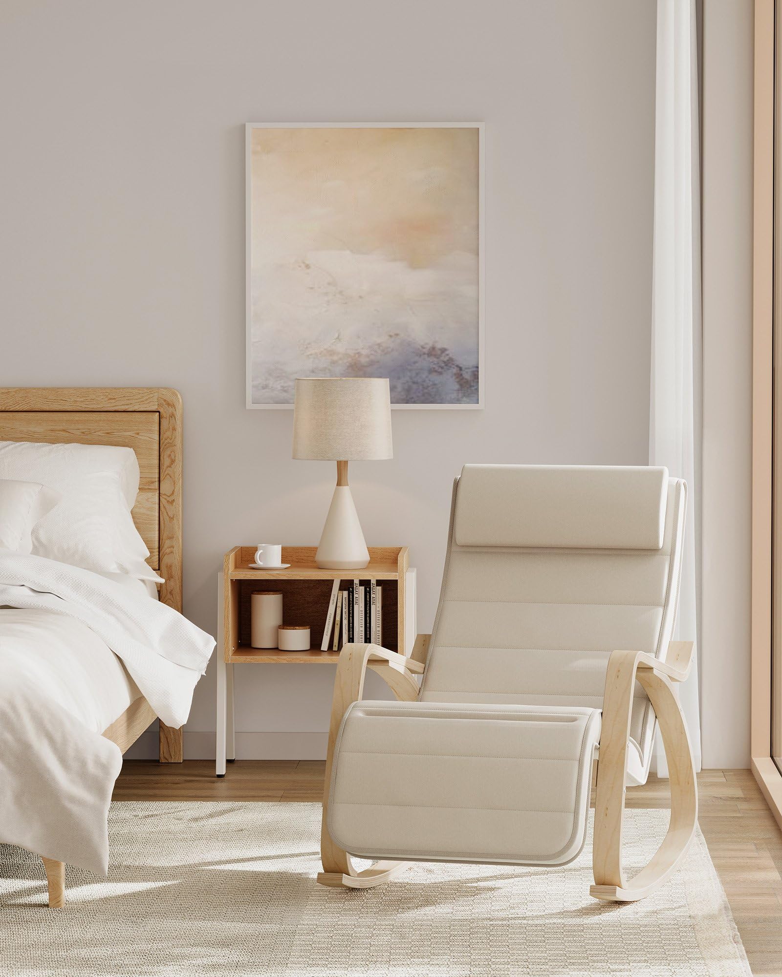 SONGMICS Schaukelstuhl, mit Armlehnen aus Birkenholz, Schaukelsessel, 5-fach verstellbare Fußstütze, bis 150 kg belastbar, für Schlafzimmer, Wohnzimmer, beige-naturfarben LYY10M 2