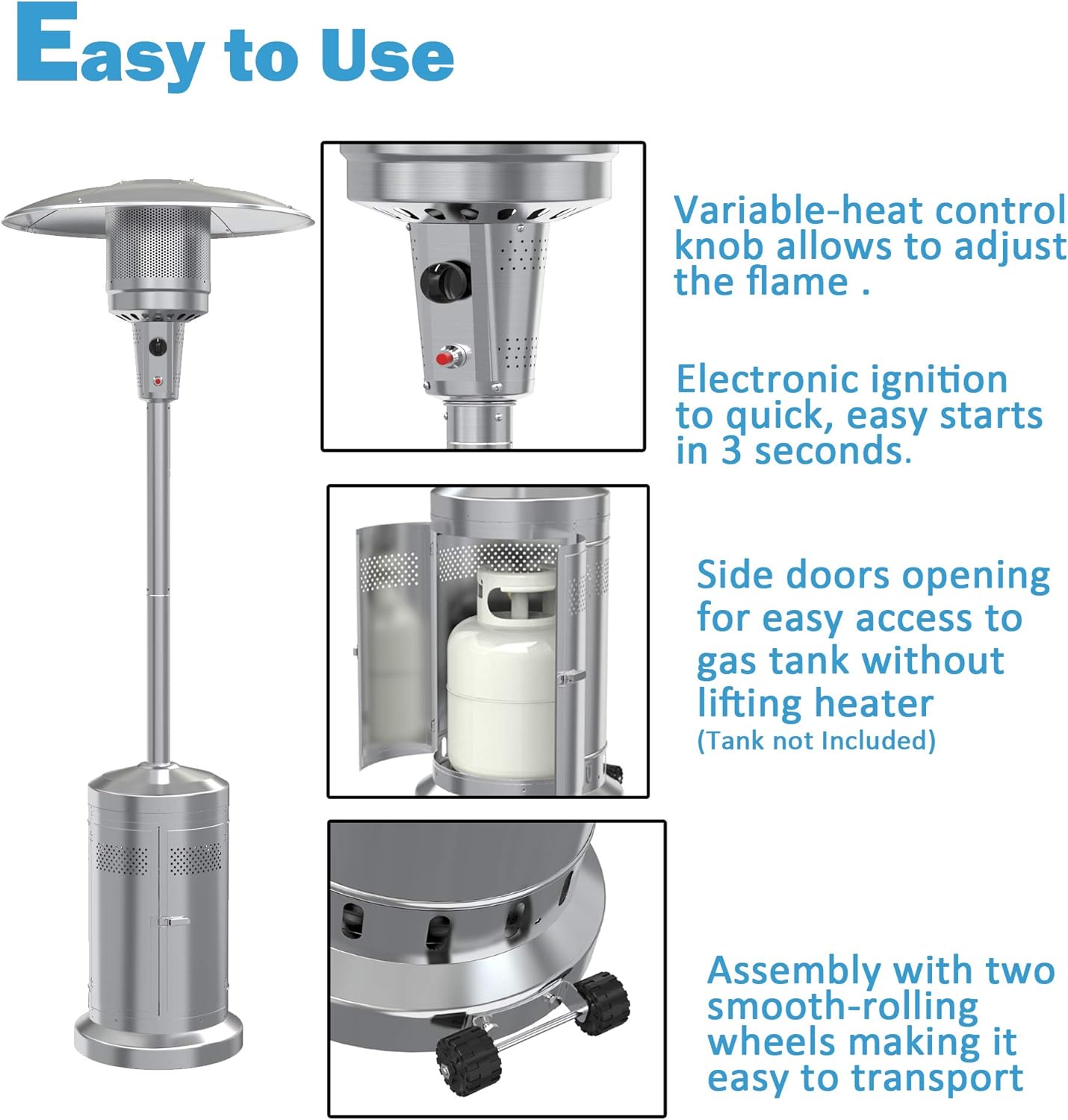 Gas Patio Heater with Wheels，48,000 BTU of outdoor heaters for patio propane for Commercial and Household Use，Stainless Steel Outdoor Propane Heater ,with CSA Certified for Garden: Kitchen & Dining