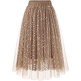 DRESSTELLS Sequin Tulle Skirts for Women Midi Long Aline Elastic High Waisted Wedding Party Skirt with Lining