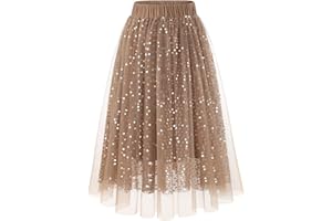 DRESSTELLS Sequin Midi Tulle Skirts for Women, Aline Elastic High Waist Long Christmas Party Skirt with Lining