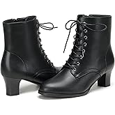ErikenUrben Women Lace-Up Ankle Boots with Side Zipper Mid Block Heel Black Boots