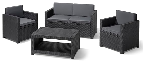 Allibert 206459 Lounge Set Monaco (2 Sessel, 1 Sofa, 1 Tisch), Rattanoptik, Kunststoff, anthrazit