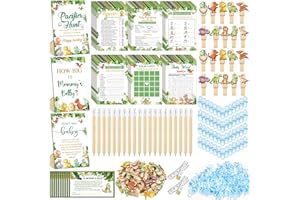 Sherr 476 Pcs Dinosaur Baby Shower Games 6 Sets Activities Cards Pacifier Hunt Game 50 Pacifiers How Big is Mommy's Belly Sign 50 Guessing Cards 2 Measuring Tape Don't Say Baby Sign 50 Clothespin