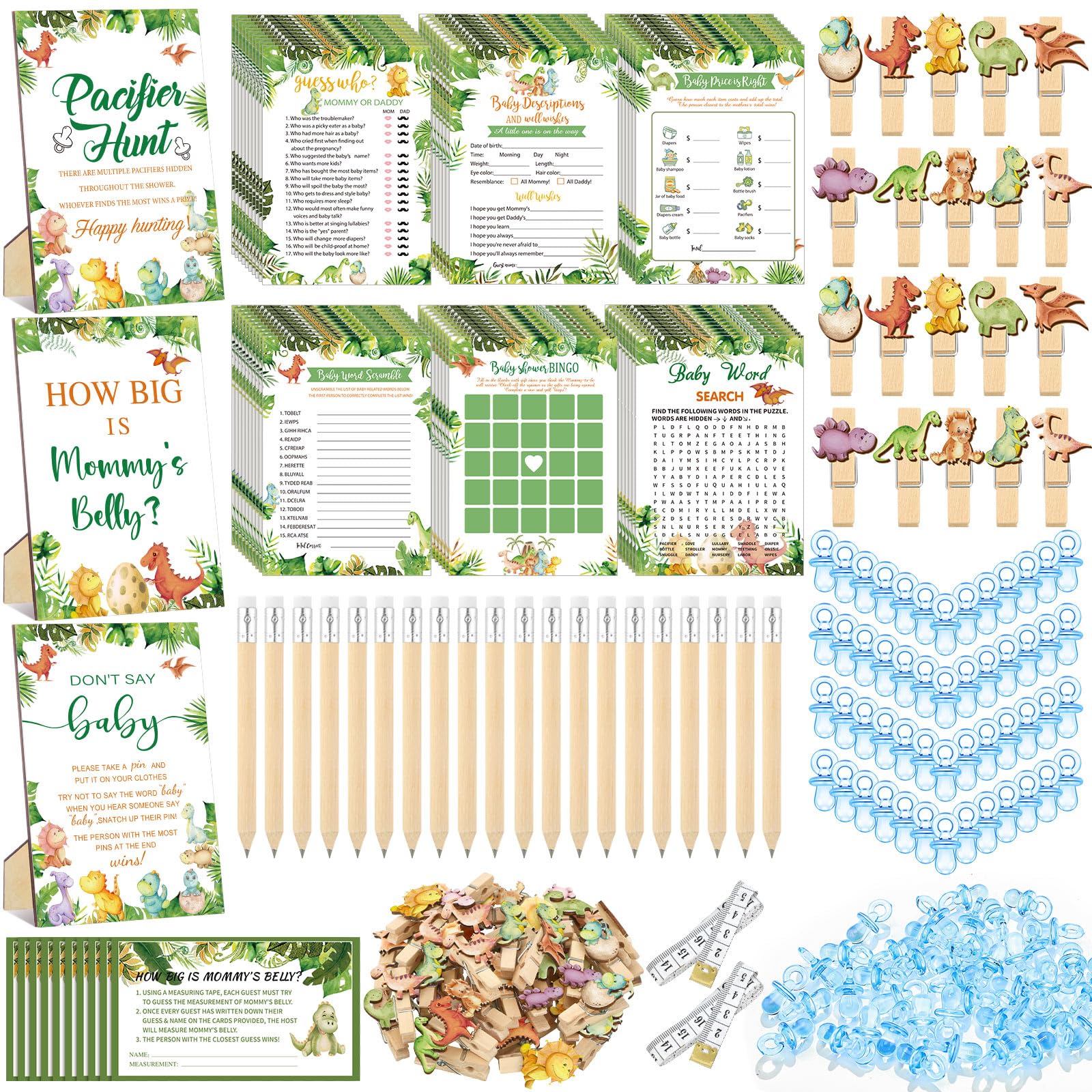 Photo 1 of Sherr 476 Pcs Dinosaur Baby Shower Games 6 Sets Activities Cards Pacifier Hunt Game 50 Pacifiers How Big is Mommy's Belly Sign 50 Guessing Cards 2 Measuring Tape Don't Say Baby Sign 50 Clothespin
