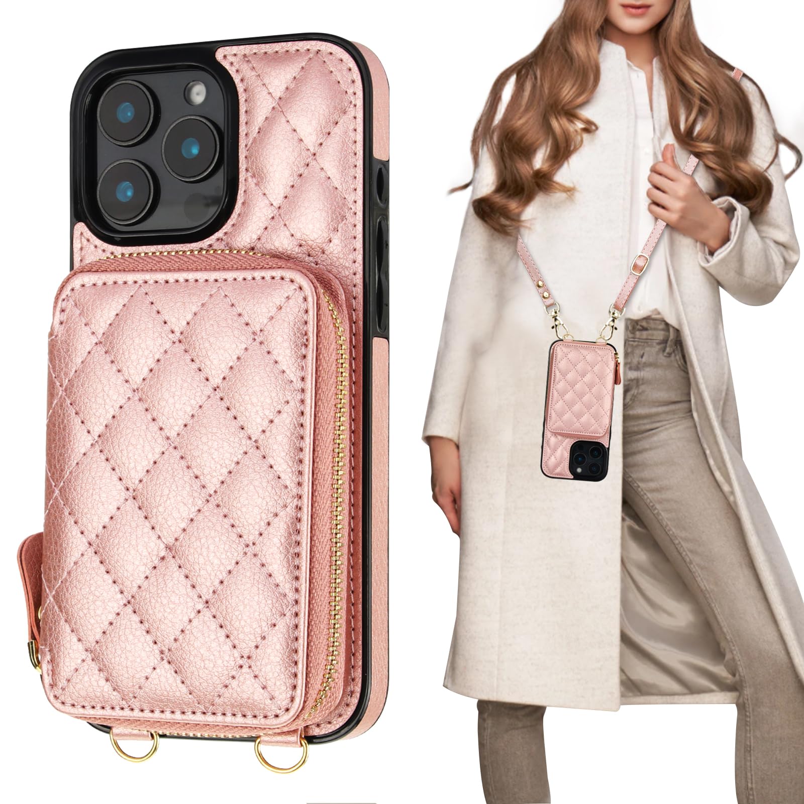 Bocasal Crossbody Wallet Case for iPhone 16 Pro Max, RFID Blocking PU Leather Zipper Handbag Purse Flip Cover, Kickstand Folio Case with Card Slots Holder Wrist Strap Lanyard 5G 6.9 Inch (Rose Gold)