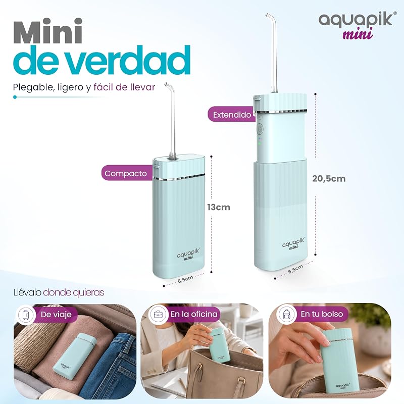 Irrigador dental portátil Aquapik Mini 140 ml | Water flosser recargable USB tipo C | 3 modos presión | limpieza profunda | Ideal para Encías sensibles, ortodoncia e implantes dentales (Azul)