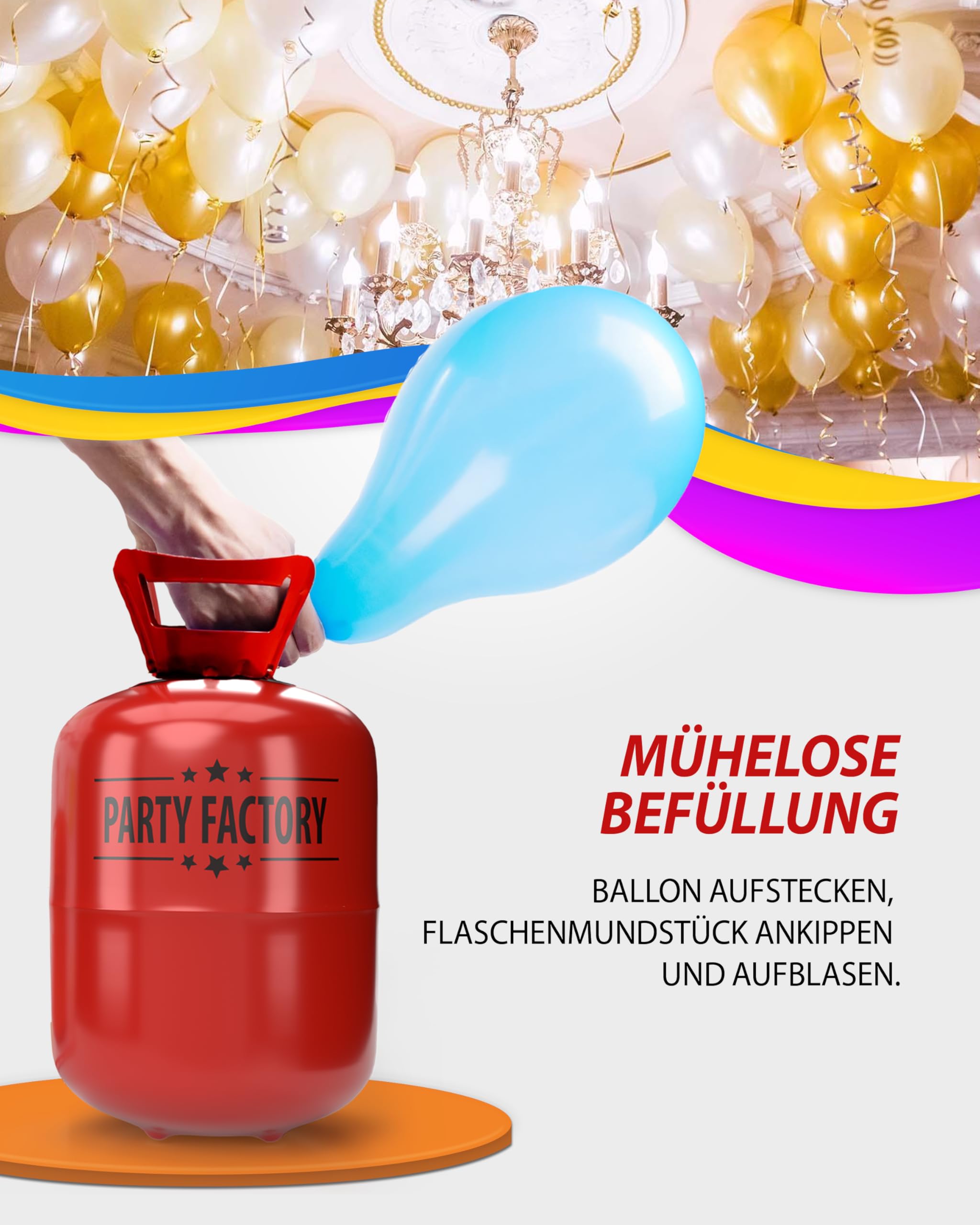 Party Factory – Helium Gasflasche 1x 200L für ca. 30 Luftballons – Partydeko Ballongas Flasche für Latex- & Folienballons – Einwegflaschen mit Knick-Füllventil – Für Partys, Hochzeiten und Geburtstage 6