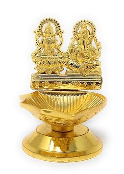GMDT Enterprises Metal Laxmi Ganesh Deepak Laxmi Ganesh Ji Chowki with Diya (Oil Lamp) Decorative Diwali Home Decoration & Gift Item