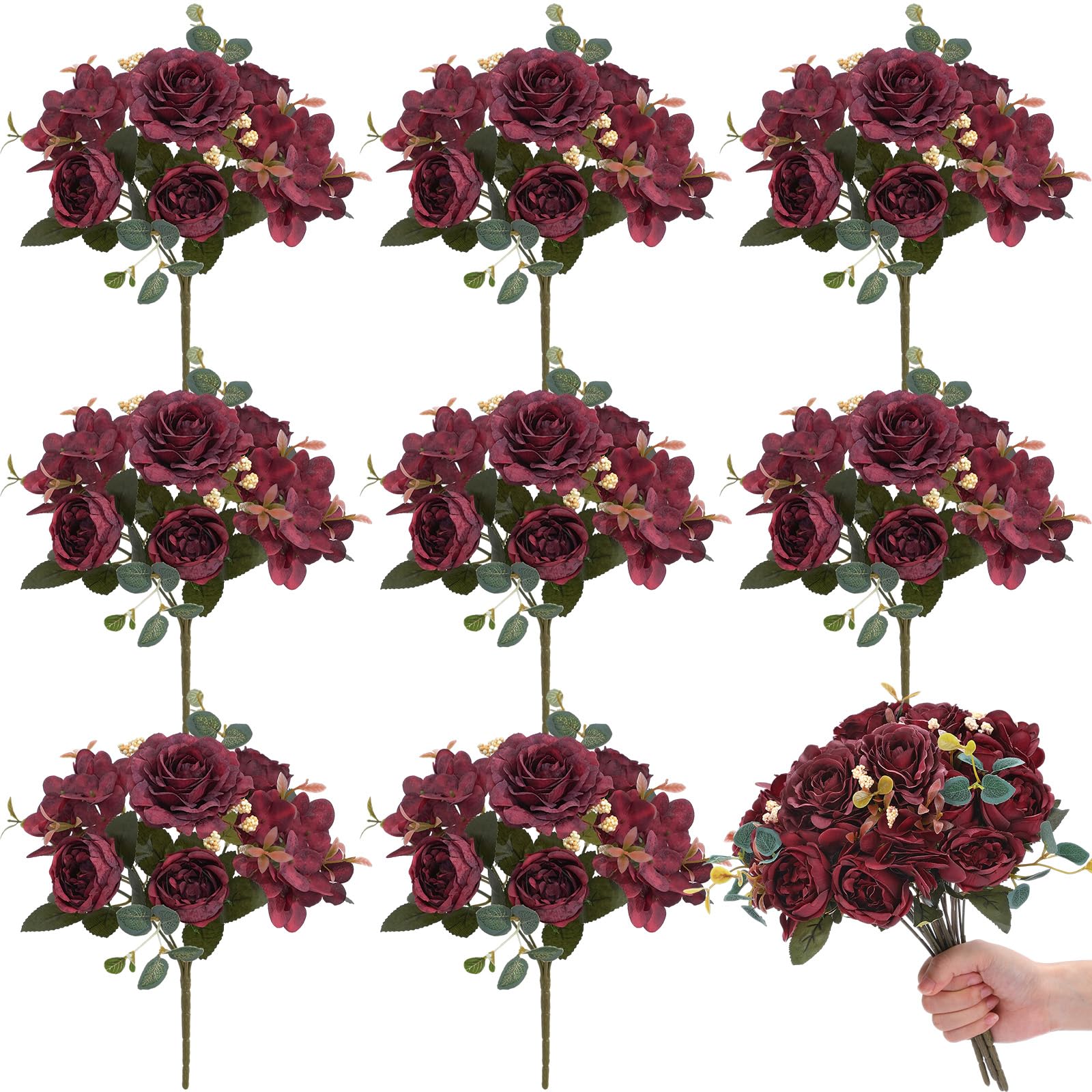 Photo 1 of Yunsailing 8 Packs Artificial Peony Flowers Faux Silk Hydrangea Bouquet Vintage Wedding Home Table for Door Decor Reusable Bouquet of Rose Flowers for Valentine Wedding Birthday Party(Burgundy)