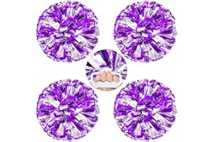 AUHOKY 4 Packs Metallic Cheerleading Cheer Pom Poms, Fluffy Cheerleader Pompoms with Finger-Friendly Ring, Cheering Pom poms for Squad Team Sports Game Dance Dress Party Kids Adults(Purple/Silver)