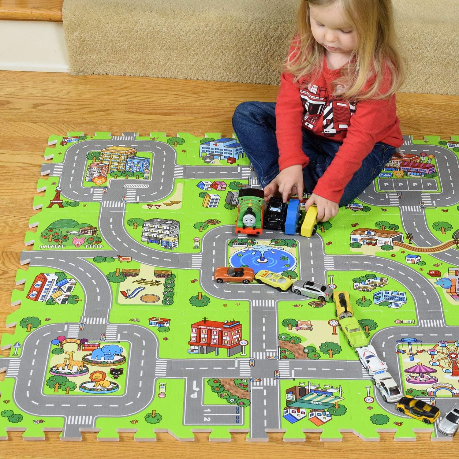 Exultimate Play Mat Road Toy Foam Playmat Interlocking Floor Puzzle Road Playroom Mat Interactive Play Set (18 Piece Set Zoo): Toys & Games