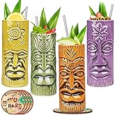 Tiki Mugs Set of 4 - Exotic Cocktail Glasses, Hawaiian Party Drinking Tumbler Cups with Coaster and Straws for Mai Tai, Pina Colada, Tiki Bar