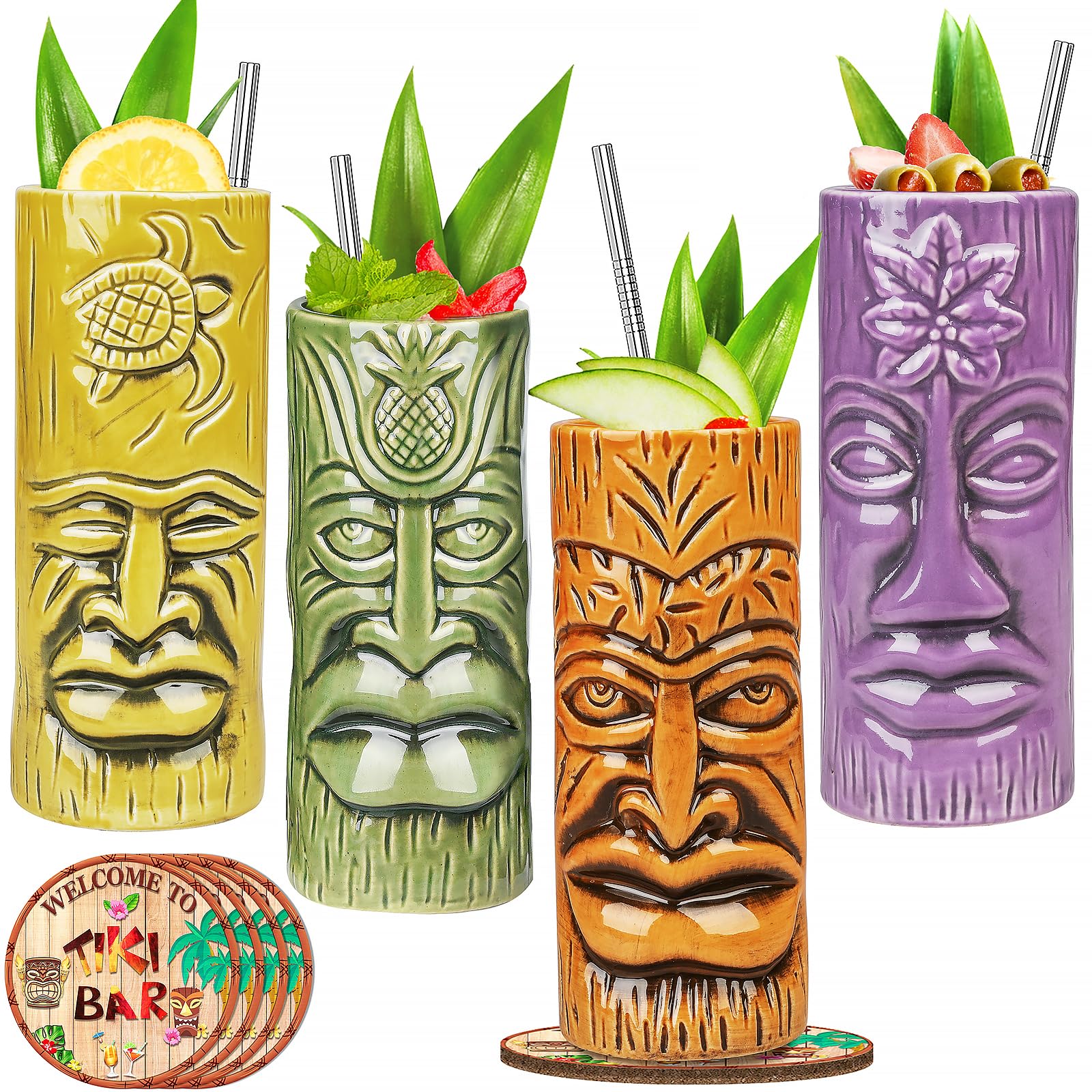 Ceramic Tiki Mugs Set of 4 Tiki Glasses, Exotic Cocktail Glasses, Hawaiian Party Mugs Tiki Drinking Tumbler Cups with Coaster and Straws for Mai Tai, Pina Colada, Tiki Bar Professional Barware